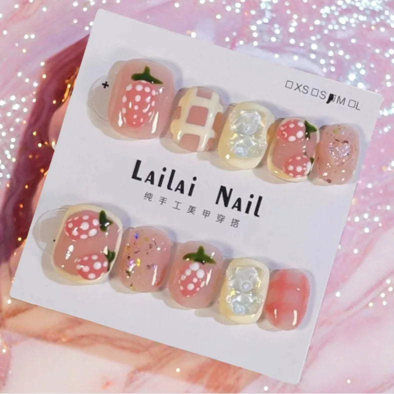 10pcs Festive Red Oval Short Press-On Nails with Cute Tomato Design Glossy Finish Holiday Nail Art Set for Women and Girls Wear