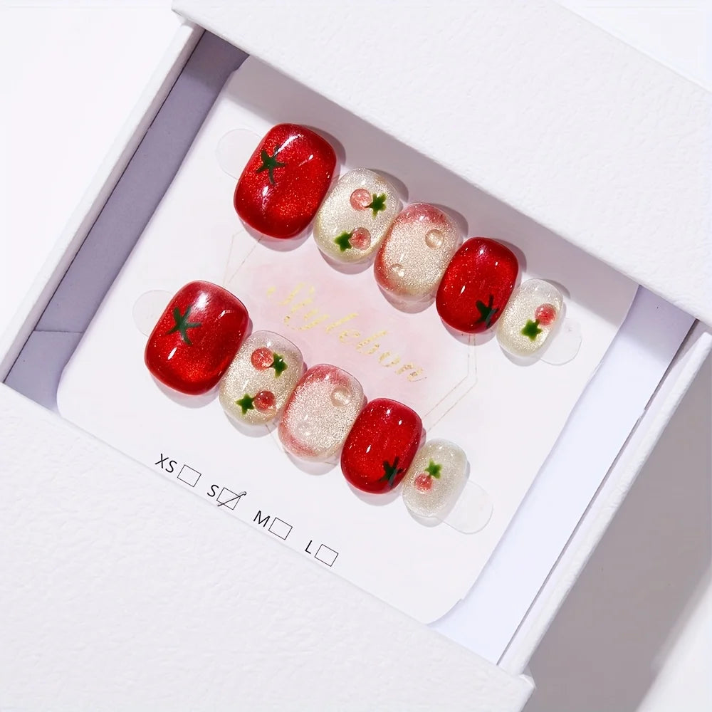 10pcs Festive Red Oval Short Press-On Nails with Cute Tomato Design Glossy Finish Holiday Nail Art Set for Women and Girls Wear