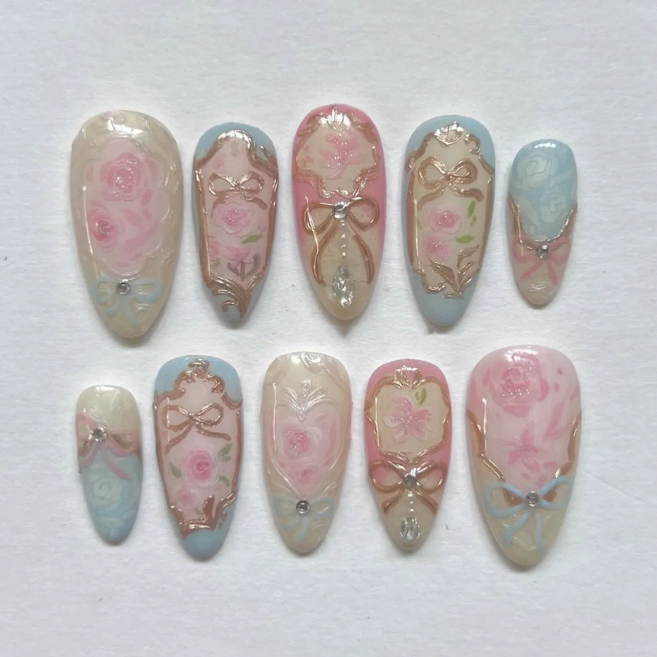 24PCS Wine Red Almond Press on Nails Cartoon Rabbit Bowknot with Plaid Pearl Designs French Fake Nails for Girls Detachable Nail