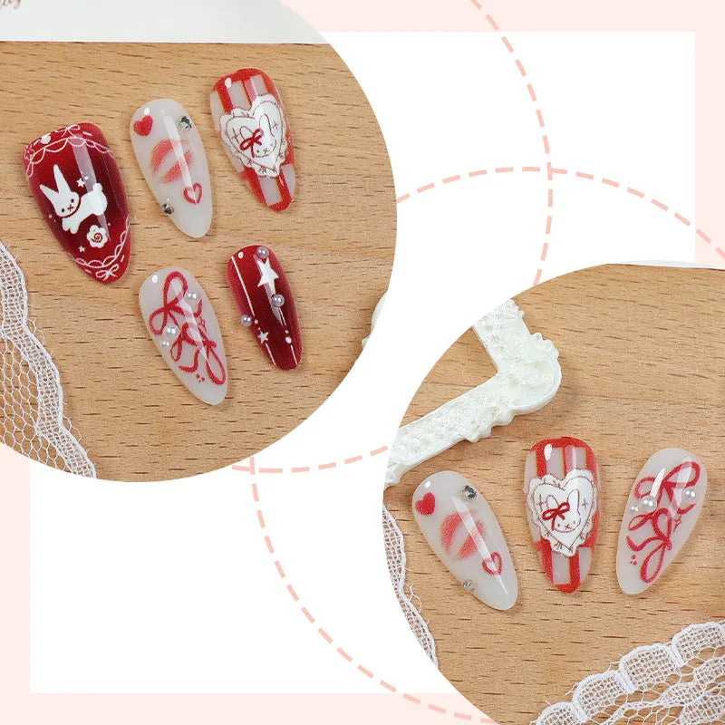 24PCS Wine Red Almond Press on Nails Cartoon Rabbit Bowknot with Plaid Pearl Designs French Fake Nails for Girls Detachable Nail