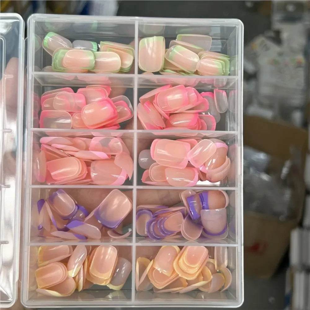 240PCS Candy Color French Short Square False Nails Pink/Green/Purple Full Cover Macarons Press On Nails DIY Artificial Manicure