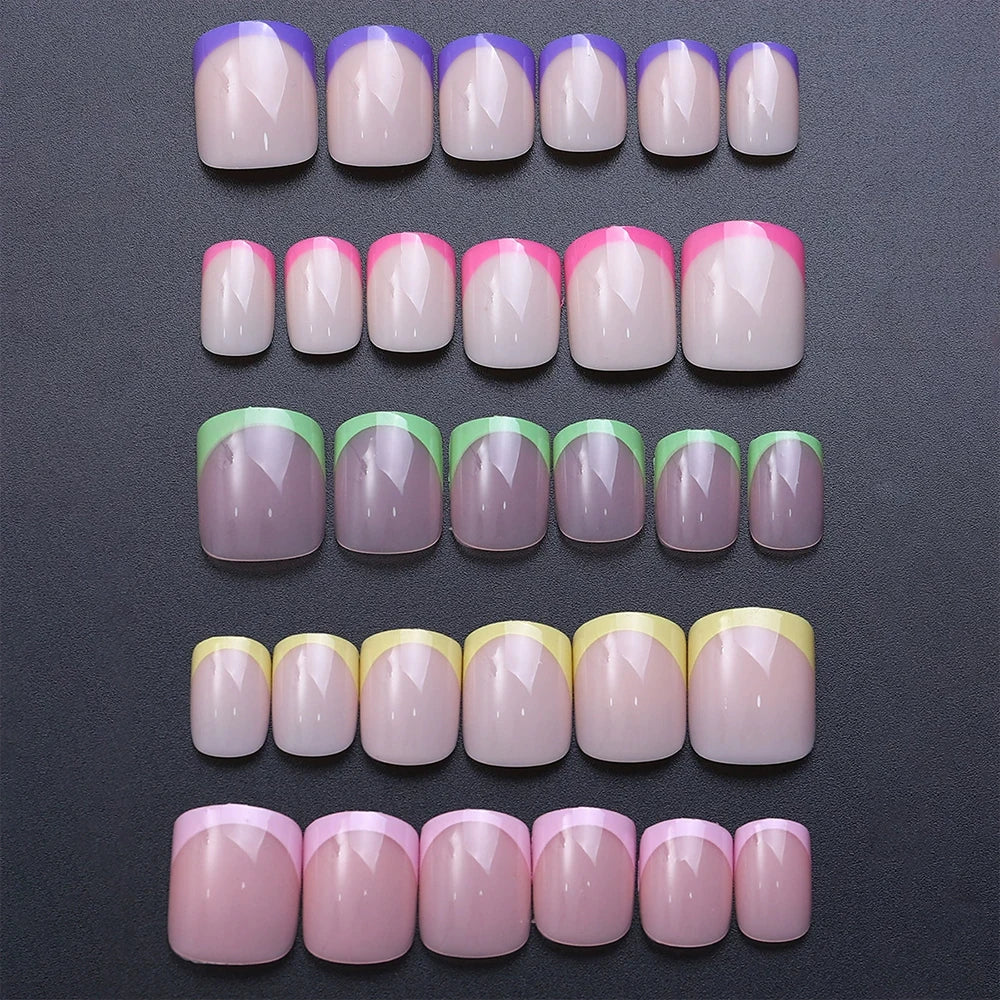 240PCS Candy Color French Short Square False Nails Pink/Green/Purple Full Cover Macarons Press On Nails DIY Artificial Manicure