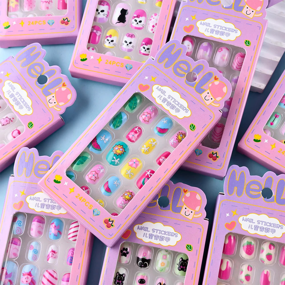 24Pcs/box Kids nails for Girl Cartoon Pattern False Nail Cute Child Fake Nails Tips Kawaii Acrylic Artificial Press on Nail+Tool