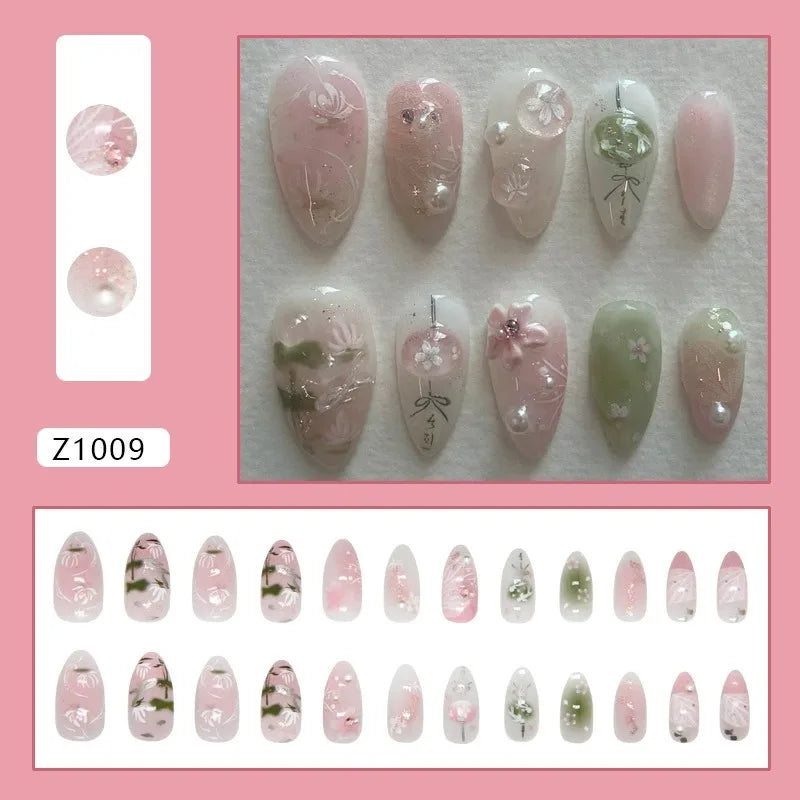 24Pcs Pink Almond False Nails Sweet Summer Fake Nail Cute Flowers Pearl Nails Press Ons Colorful Monet Press on Nails for Girls
