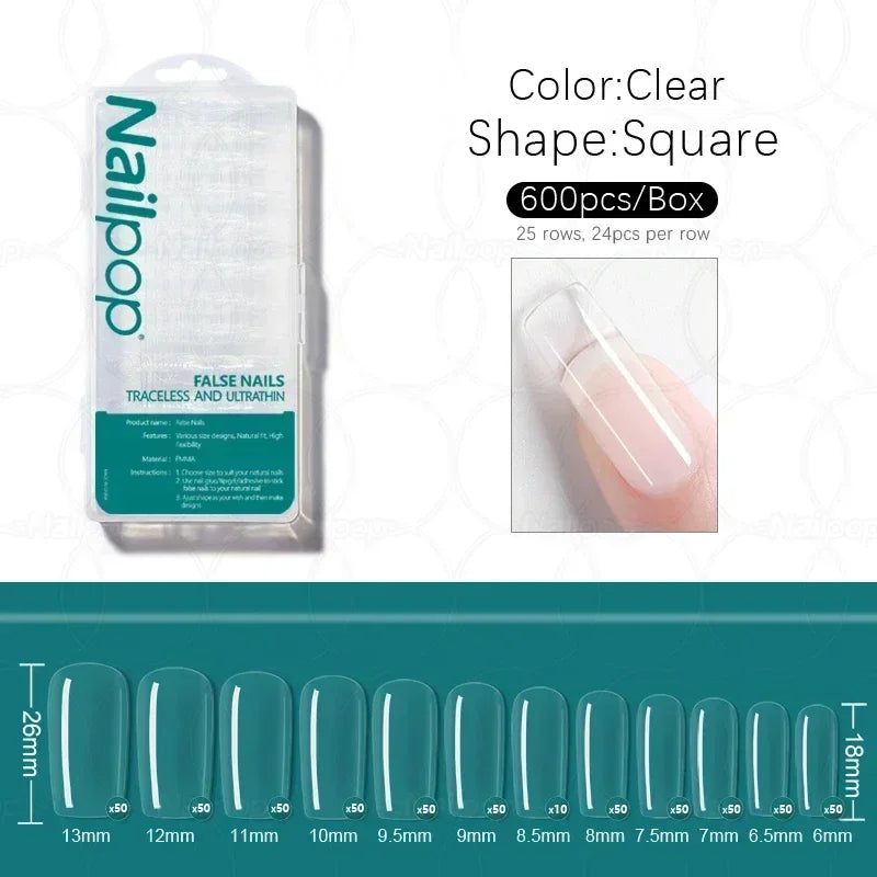 Nailpop 600pcs PRO Fake Nails Full Cover False Nail Tips Acrylic Nail Capsules Professional Material Finger Soak Off Gel Tips