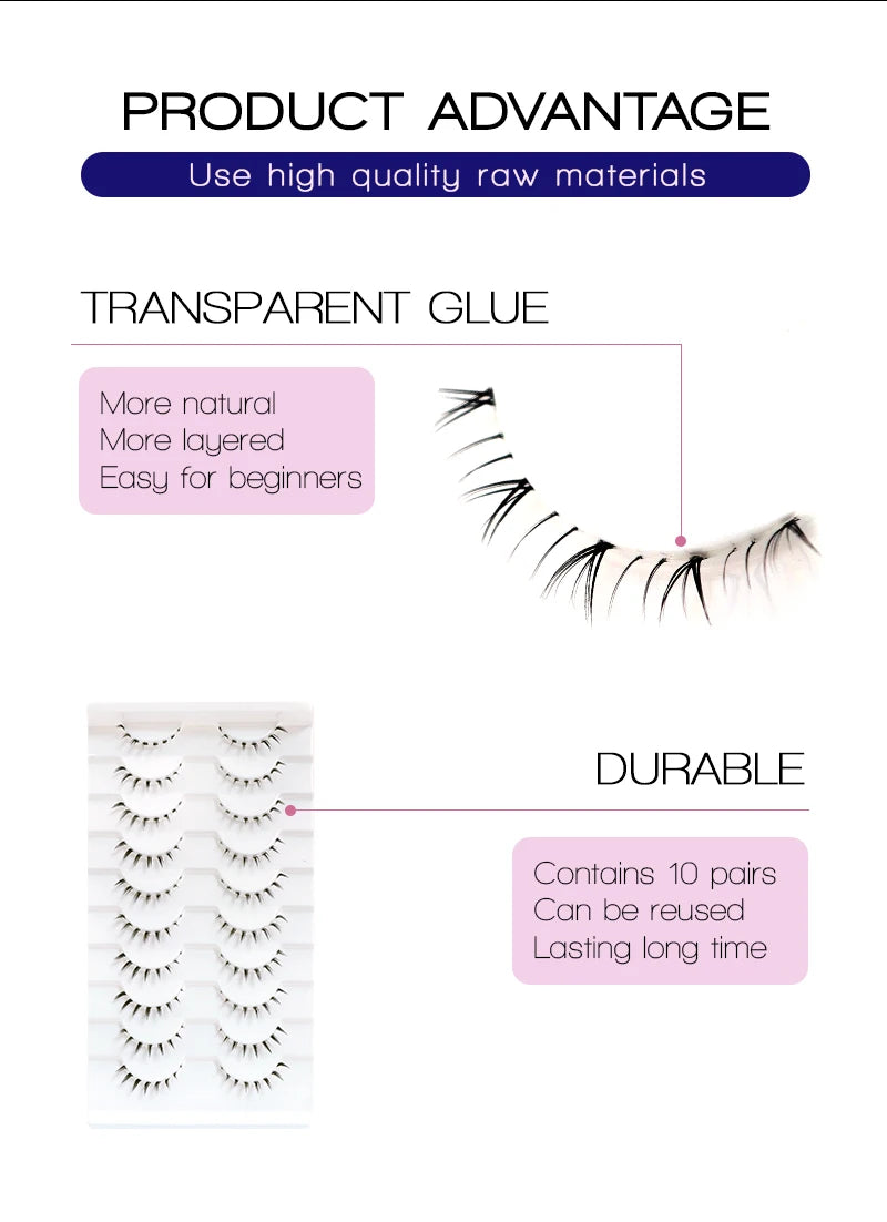 10Pairs Bottom Eyelashes Manga Lower Lashes Clear Band Wispy Small Flame Under Eye Lashes Korean Makeup Cosplay Tools