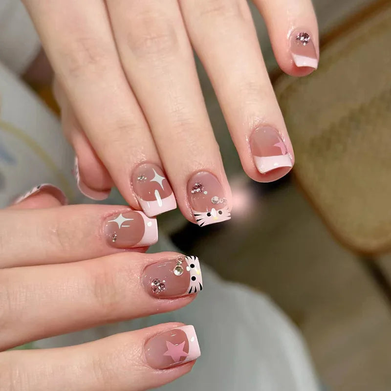 24pcs Detachable Short Press on Nails Y2k rhinestone False Nails with Glue Ballet Sweet Cool Girls Artificial False Nails Tips