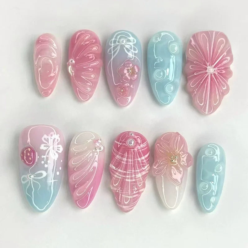 24Pcs Pink Almond False Nails Sweet Summer Fake Nail Cute Flowers Pearl Nails Press Ons Colorful Monet Press on Nails for Girls