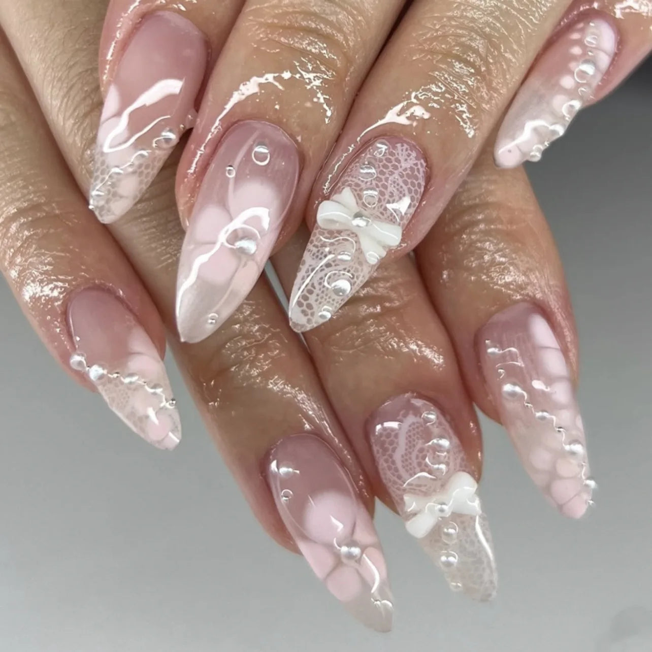24Pcs Pink Almond False Nails Sweet Summer Fake Nail Cute Flowers Pearl Nails Press Ons Colorful Monet Press on Nails for Girls