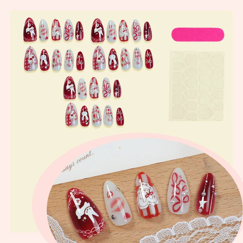 24PCS Wine Red Almond Press on Nails Cartoon Rabbit Bowknot with Plaid Pearl Designs French Fake Nails for Girls Detachable Nail