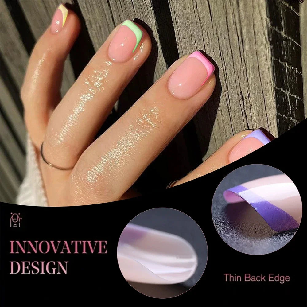 240PCS Candy Color French Short Square False Nails Pink/Green/Purple Full Cover Macarons Press On Nails DIY Artificial Manicure