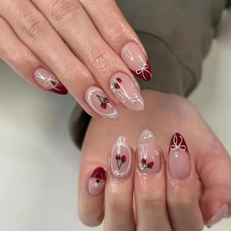 24PCS Wine Red Almond Press on Nails Cartoon Rabbit Bowknot with Plaid Pearl Designs French Fake Nails for Girls Detachable Nail