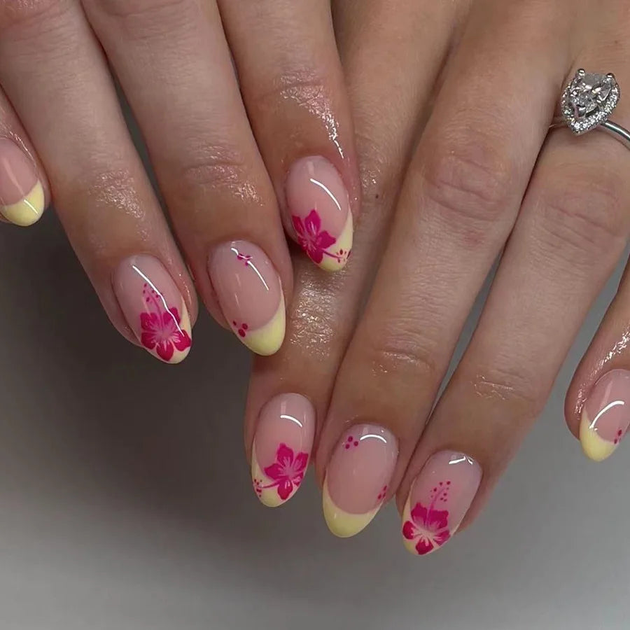 24Pcs Short Almond Press-On Nails Pink Floral French Tip Glossy&Elegant Full Cover Fake Nails for Women&Girls Spring,Daily Wear