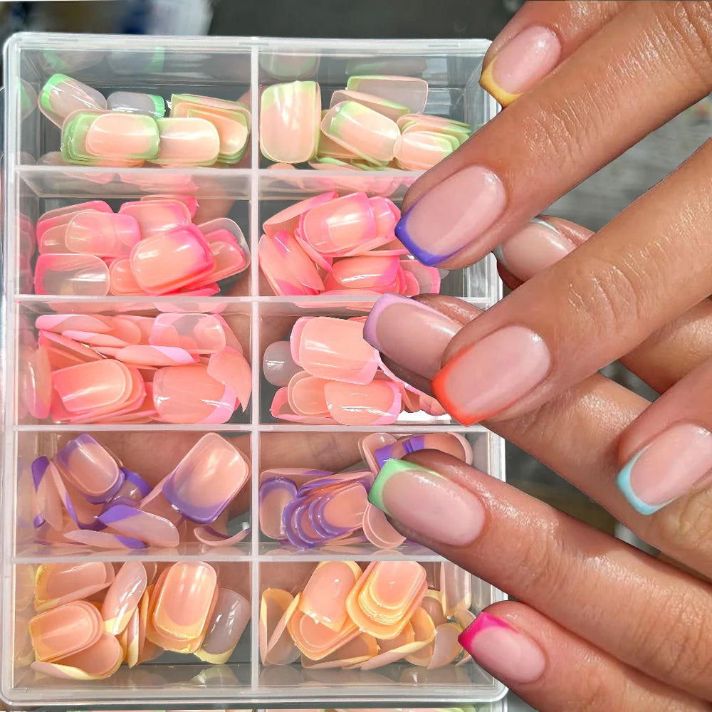 240PCS Candy Color French Short Square False Nails Pink/Green/Purple Full Cover Macarons Press On Nails DIY Artificial Manicure