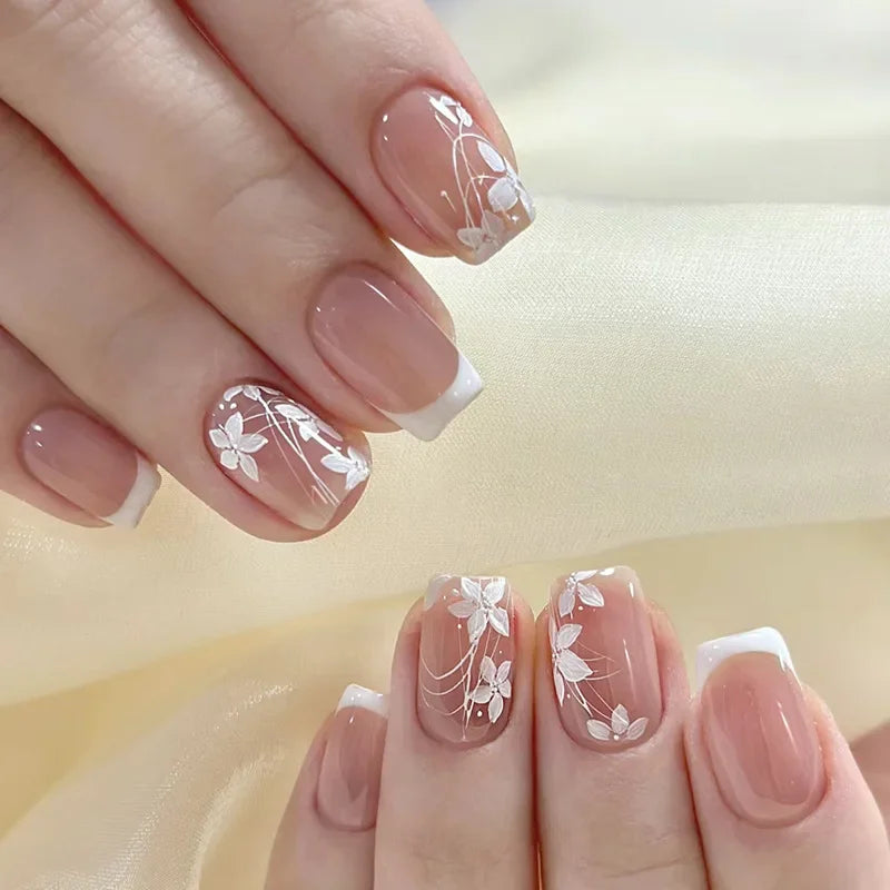 24Pcs Short Almond Press-On Nails Pink Floral French Tip Glossy&Elegant Full Cover Fake Nails for Women&Girls Spring,Daily Wear