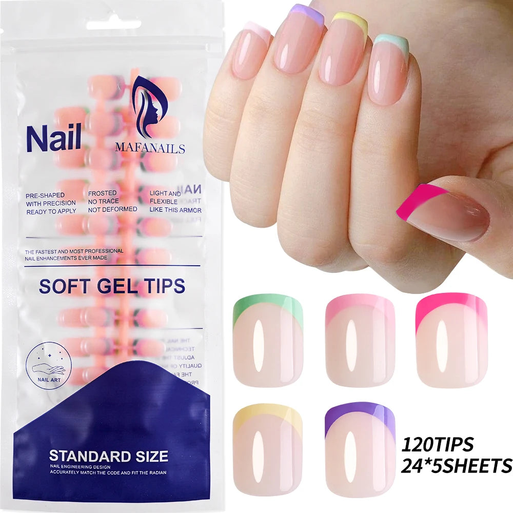 240PCS Candy Color French Short Square False Nails Pink/Green/Purple Full Cover Macarons Press On Nails DIY Artificial Manicure