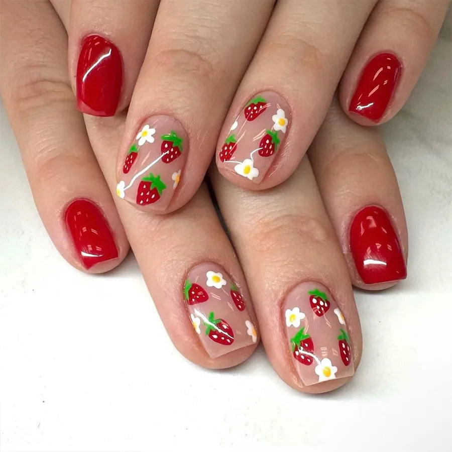 24Pcs Short Almond Press-On Nails Pink Floral French Tip Glossy&Elegant Full Cover Fake Nails for Women&Girls Spring,Daily Wear
