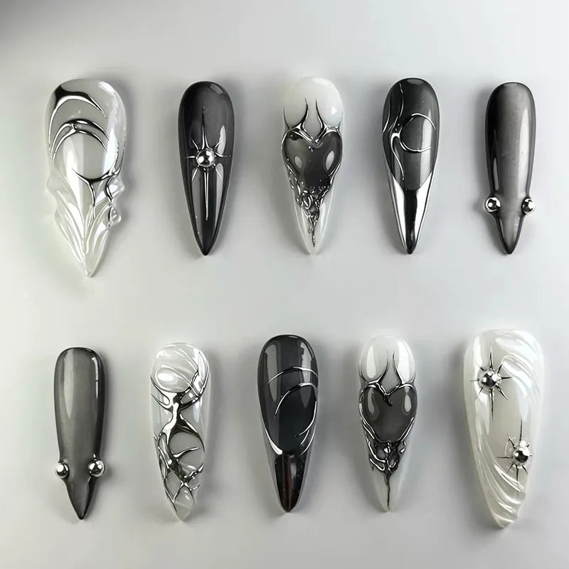24Pcs 3D Green Ripple Design False Nails Cat's Eye French Almond Fake Nail Tips Leaves Pattern Removable Oval Press on Nails