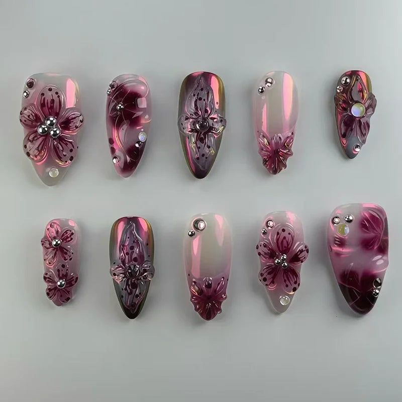 24Pcs Pink Almond False Nails Sweet Summer Fake Nail Cute Flowers Pearl Nails Press Ons Colorful Monet Press on Nails for Girls