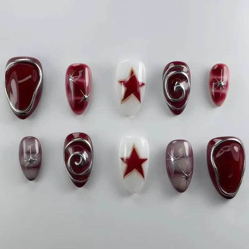 24Pcs 3D Green Ripple Design False Nails Cat's Eye French Almond Fake Nail Tips Leaves Pattern Removable Oval Press on Nails