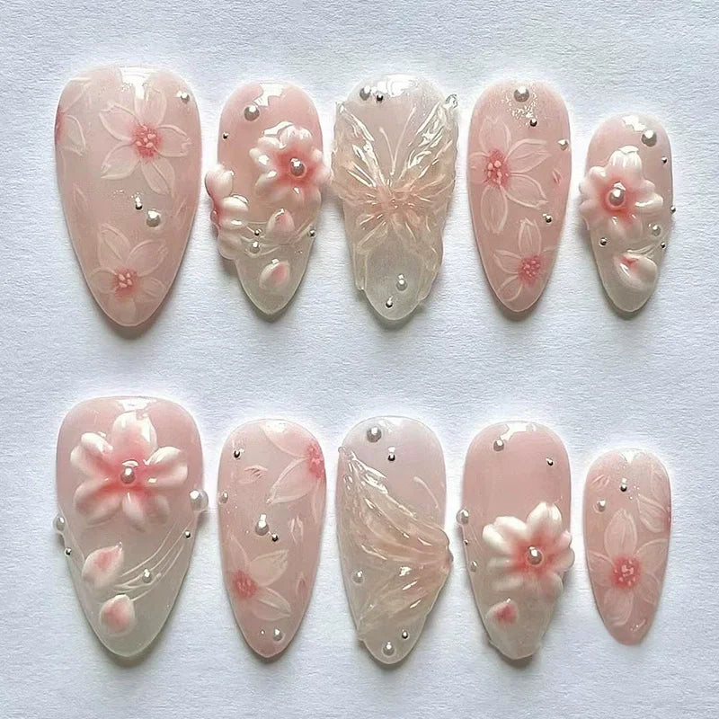 24Pcs Pink Almond False Nails Sweet Summer Fake Nail Cute Flowers Pearl Nails Press Ons Colorful Monet Press on Nails for Girls