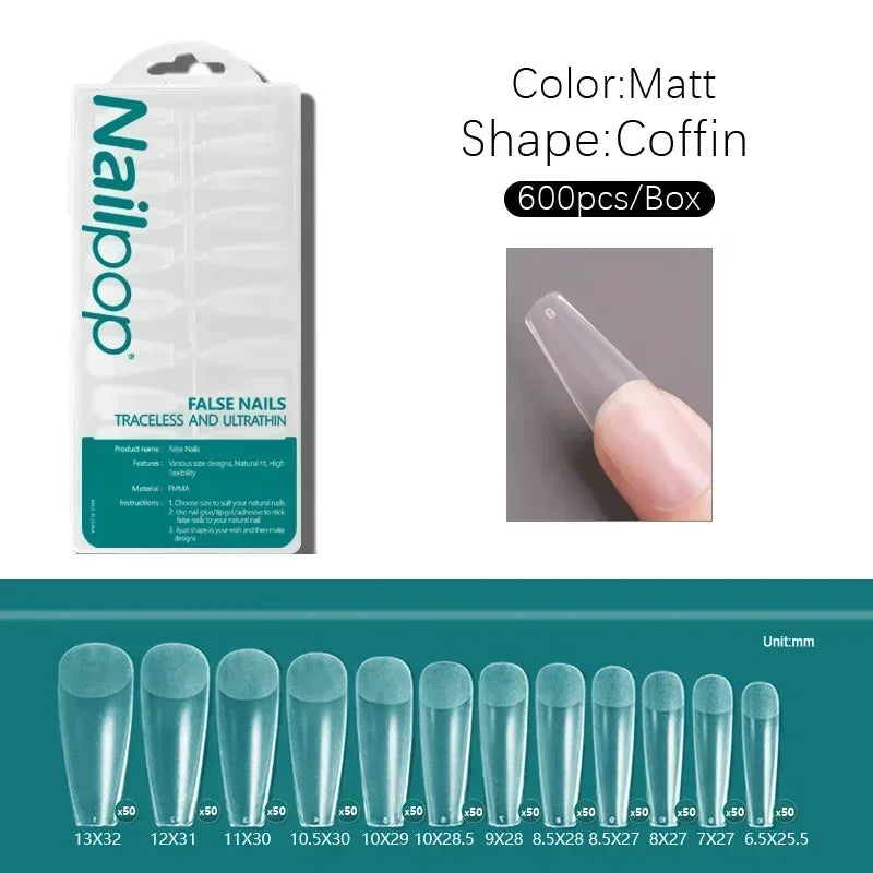 Nailpop 600pcs PRO Fake Nails Full Cover False Nail Tips Acrylic Nail Capsules Professional Material Finger Soak Off Gel Tips