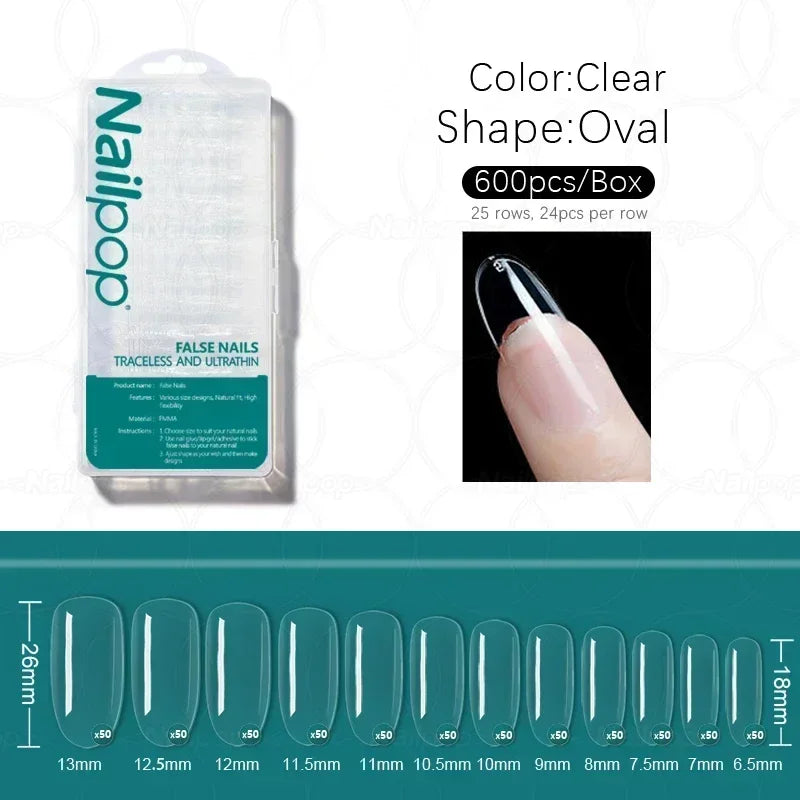 Nailpop 600pcs PRO Fake Nails Full Cover False Nail Tips Acrylic Nail Capsules Professional Material Finger Soak Off Gel Tips