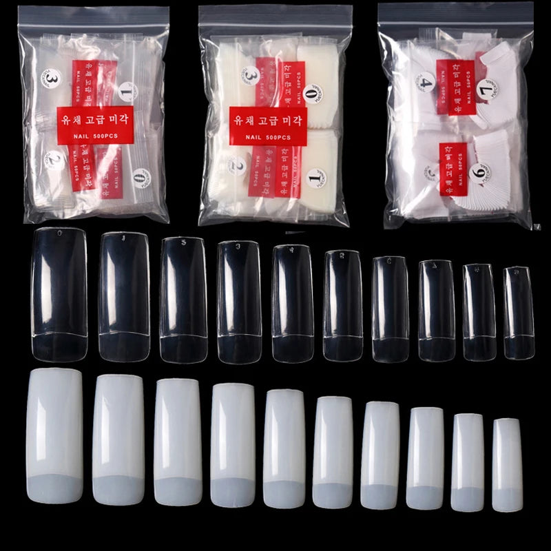 Set of 500 Natural Clear Full Cover False Nails and French Half Tips for Nail Art Manicure 10 Sizes