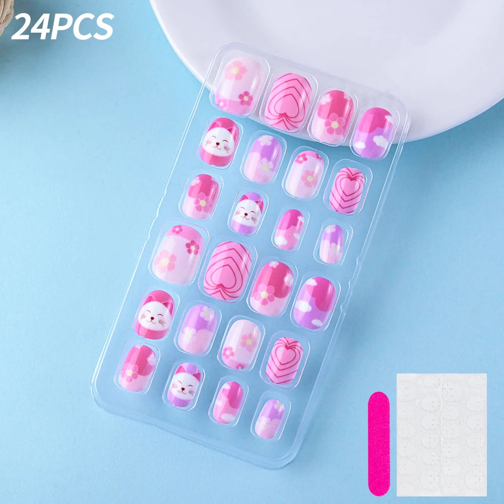 24Pcs/box Kids nails for Girl Cartoon Pattern False Nail Cute Child Fake Nails Tips Kawaii Acrylic Artificial Press on Nail+Tool