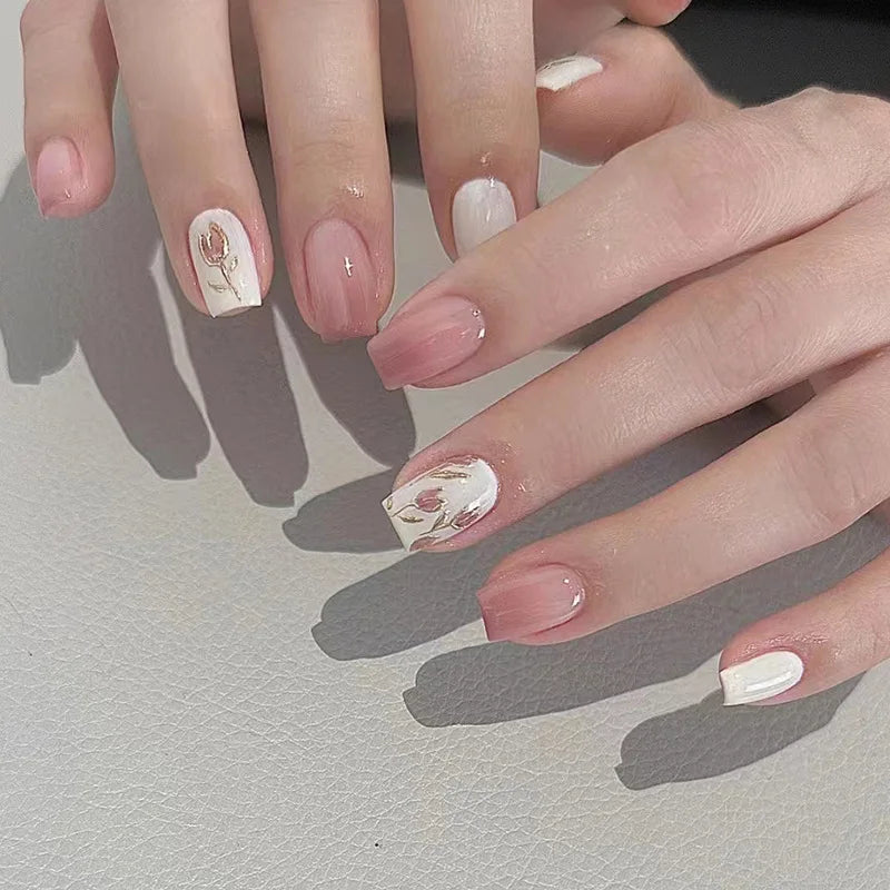 24Pcs Short Almond Press-On Nails Pink Floral French Tip Glossy&Elegant Full Cover Fake Nails for Women&Girls Spring,Daily Wear
