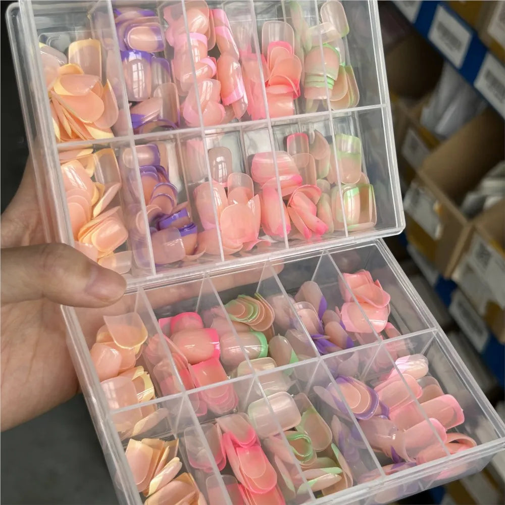 240PCS Candy Color French Short Square False Nails Pink/Green/Purple Full Cover Macarons Press On Nails DIY Artificial Manicure