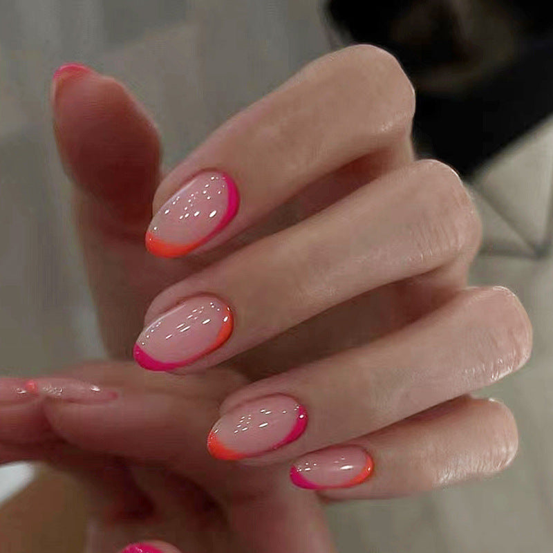 24Pcs French False Nails Almond Fake Nails with Glue Press on White Edge Design Wearable Simple Ins Pink Stiletto Nail Tips