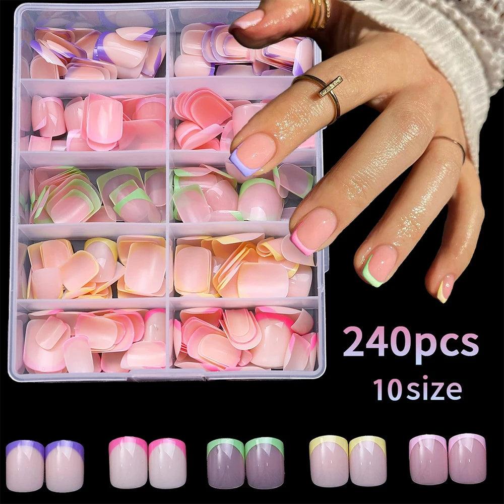 240PCS Candy Color French Short Square False Nails Pink/Green/Purple Full Cover Macarons Press On Nails DIY Artificial Manicure