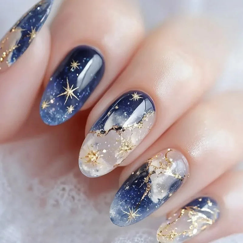 24Pcs 3D Green Ripple Design False Nails Cat's Eye French Almond Fake Nail Tips Leaves Pattern Removable Oval Press on Nails
