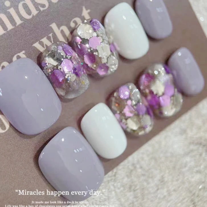 10Pcs Pure Color Handmade Short False Nail with Glue Press On Nails Full Cover French Round Head Manicure Wearable Nail Tips Art