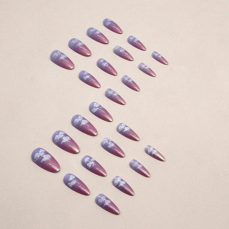 24pcs Dreamy Press-On Nails - Purple to Red Ombré With White Clouds Long Almond Fantasy Sky Style False Nails With Wearing Tools