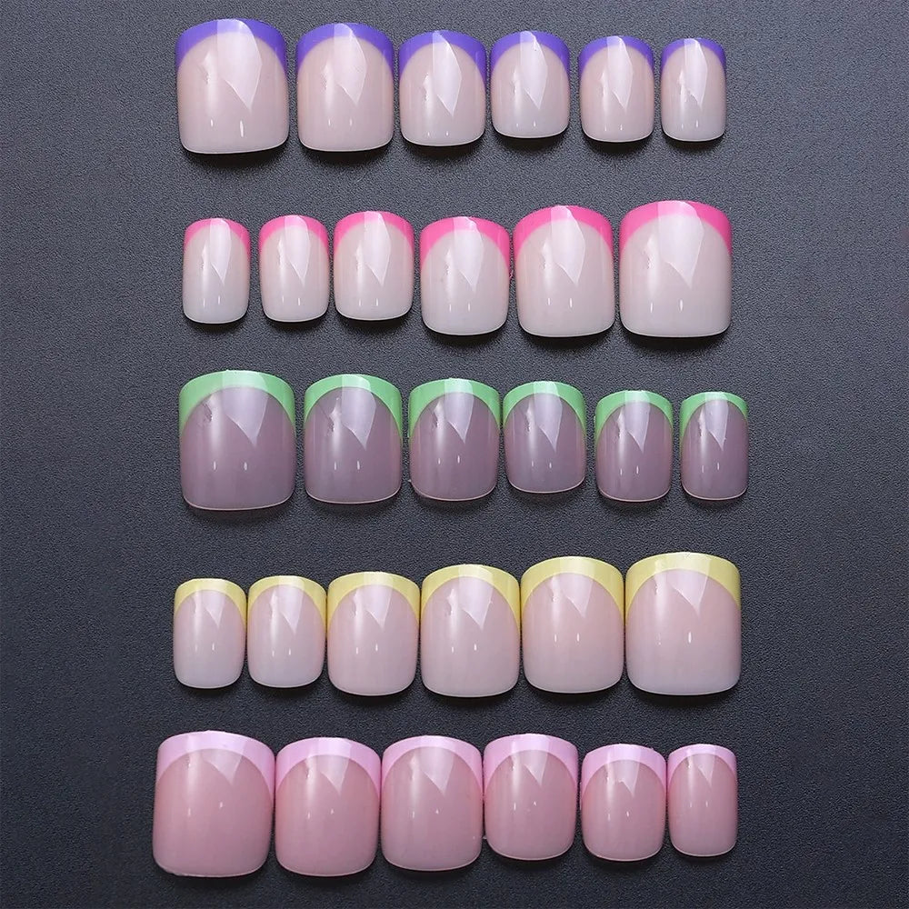 240PCS Candy Color French Short Square False Nails Pink/Green/Purple Full Cover Macarons Press On Nails DIY Artificial Manicure