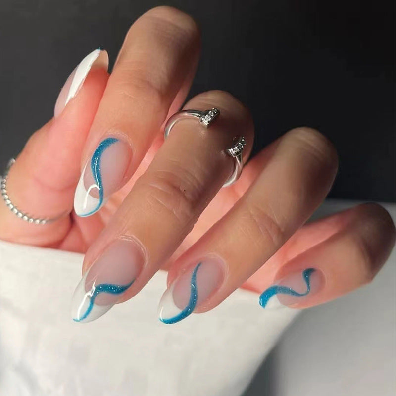24Pcs French False Nails Almond Fake Nails with Glue Press on White Edge Design Wearable Simple Ins Pink Stiletto Nail Tips