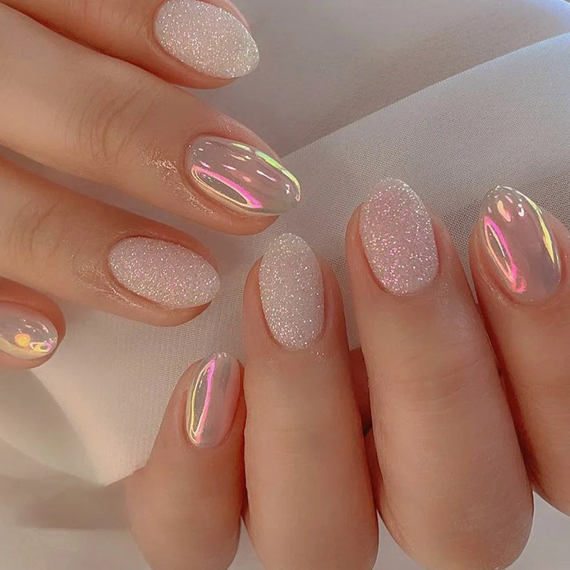 24Pcs Medium Short Square False Nails Glittering Nail Art White Wearable Fake Nail Silver French Full Cover Press on Nail Tips