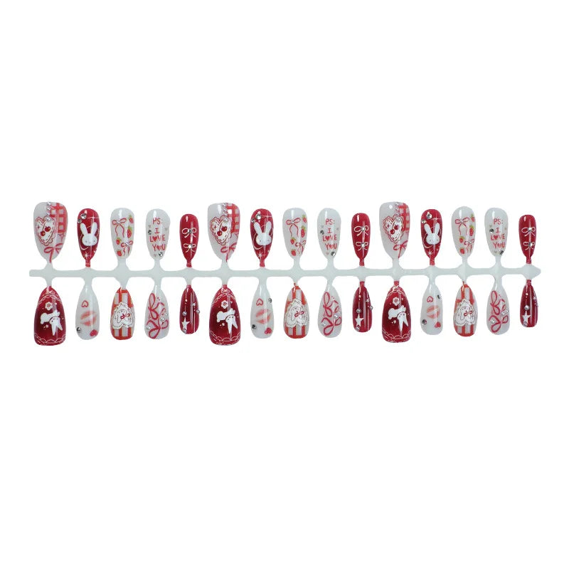 24PCS Wine Red Almond Press on Nails Cartoon Rabbit Bowknot with Plaid Pearl Designs French Fake Nails for Girls Detachable Nail