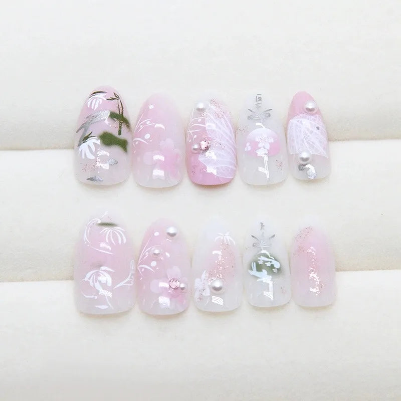 24Pcs Pink Almond False Nails Sweet Summer Fake Nail Cute Flowers Pearl Nails Press Ons Colorful Monet Press on Nails for Girls