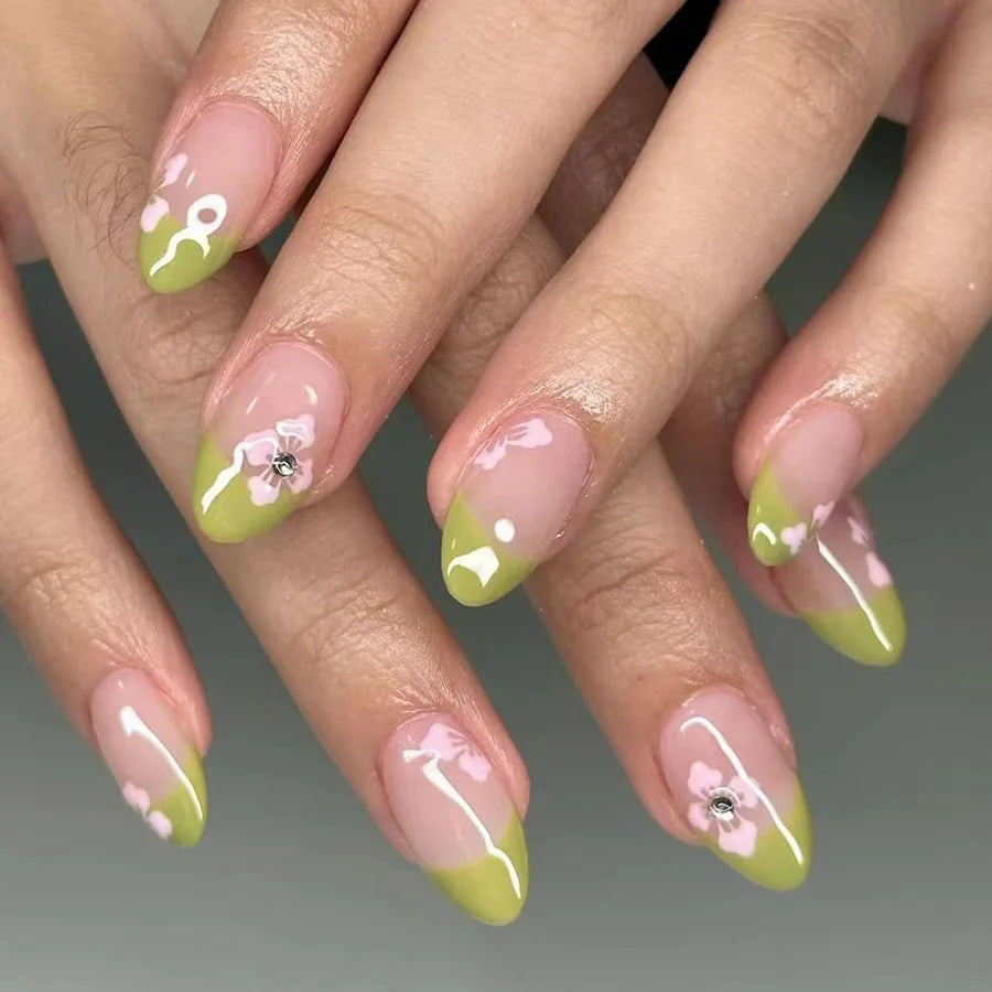 24Pcs Short Almond Press-On Nails Pink Floral French Tip Glossy&Elegant Full Cover Fake Nails for Women&Girls Spring,Daily Wear