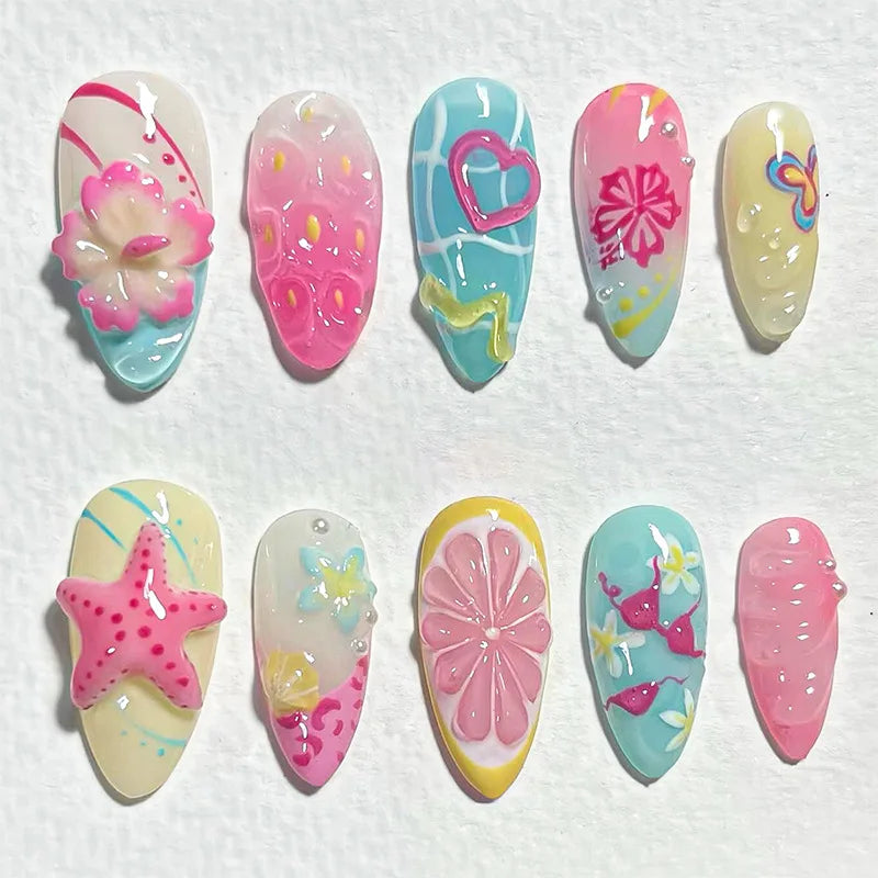 24Pcs 3D Green Ripple Design False Nails Cat's Eye French Almond Fake Nail Tips Leaves Pattern Removable Oval Press on Nails