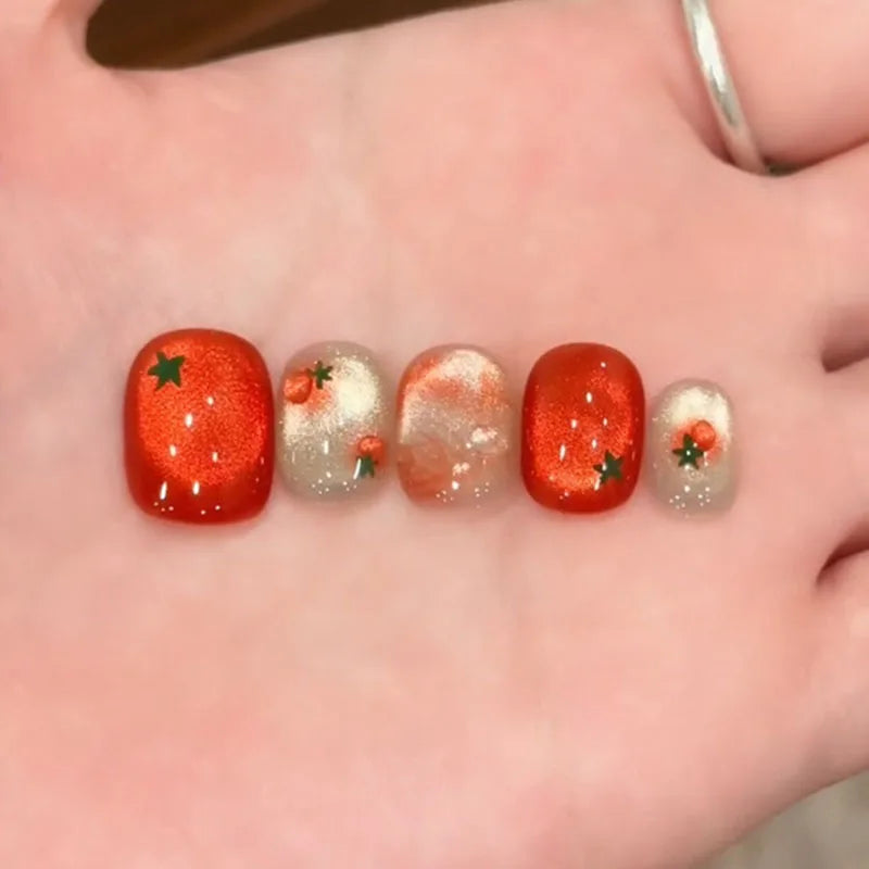 10pcs Festive Red Oval Short Press-On Nails with Cute Tomato Design Glossy Finish Holiday Nail Art Set for Women and Girls Wear
