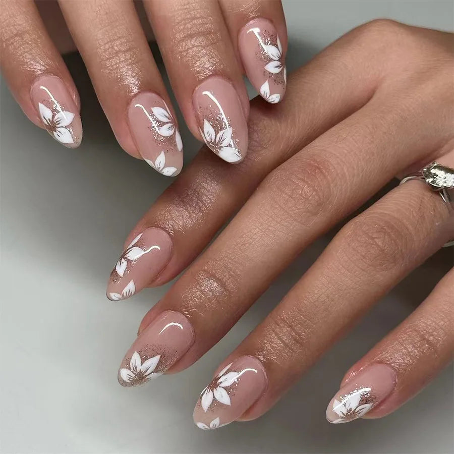 24Pcs Short Almond Press-On Nails Pink Floral French Tip Glossy&Elegant Full Cover Fake Nails for Women&Girls Spring,Daily Wear