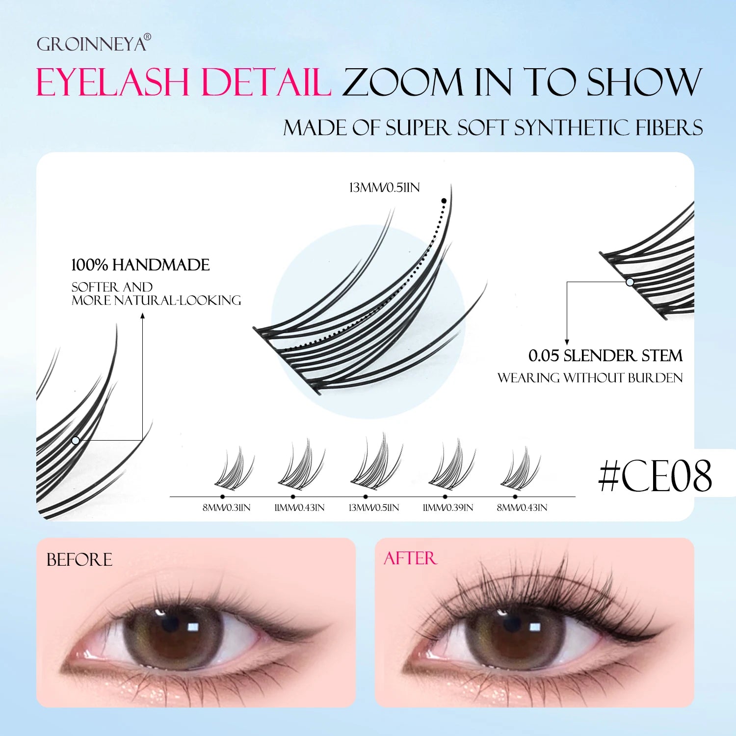 GROINNEYA Natural Cluster Lashes Manga Lashes Soft Cross Wispy Individual Cluster Eyelashes Extension Makeup