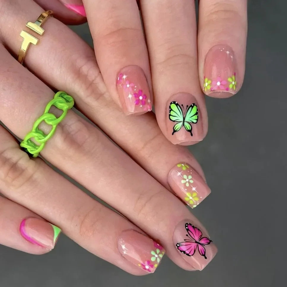 24Pcs Short Almond Press-On Nails Pink Floral French Tip Glossy&Elegant Full Cover Fake Nails for Women&Girls Spring,Daily Wear