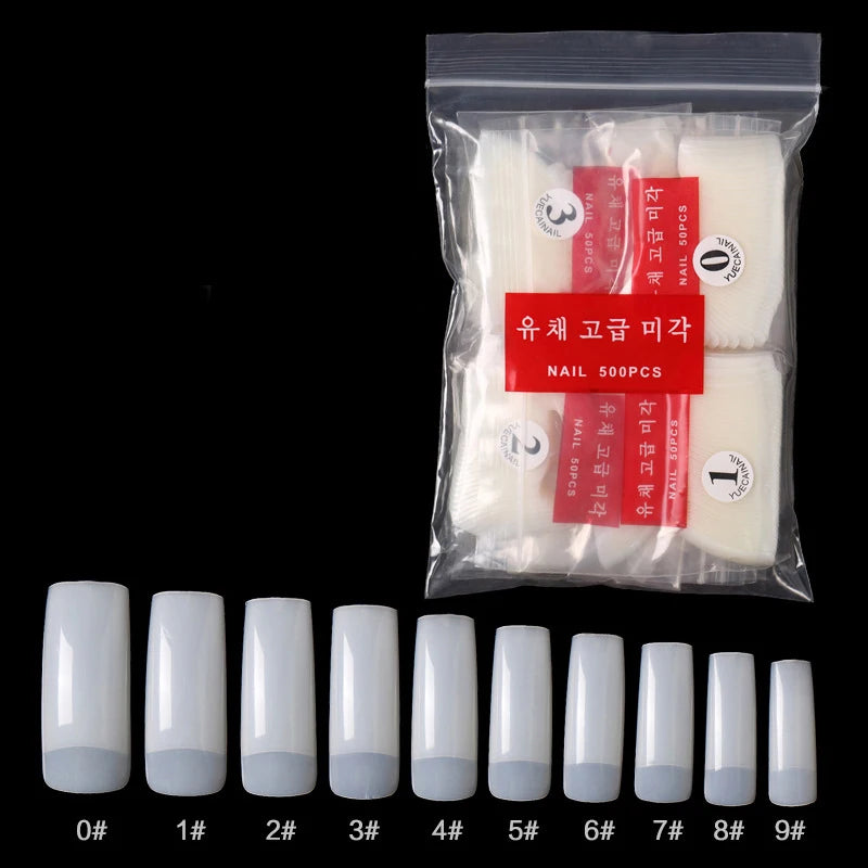 Set of 500 Natural Clear Full Cover False Nails and French Half Tips for Nail Art Manicure 10 Sizes