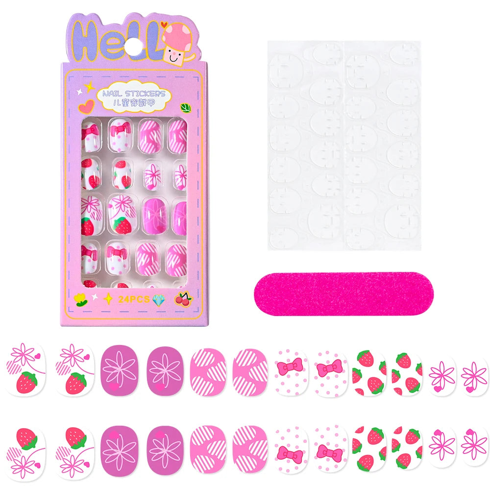 24Pcs/box Kids nails for Girl Cartoon Pattern False Nail Cute Child Fake Nails Tips Kawaii Acrylic Artificial Press on Nail+Tool