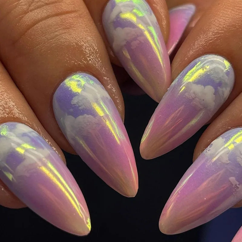 24pcs Dreamy Press-On Nails - Purple to Red Ombré With White Clouds Long Almond Fantasy Sky Style False Nails With Wearing Tools
